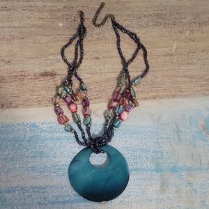 Multicolor Seed Bead triple strand Necklace with Sea Blue shell type Pendant